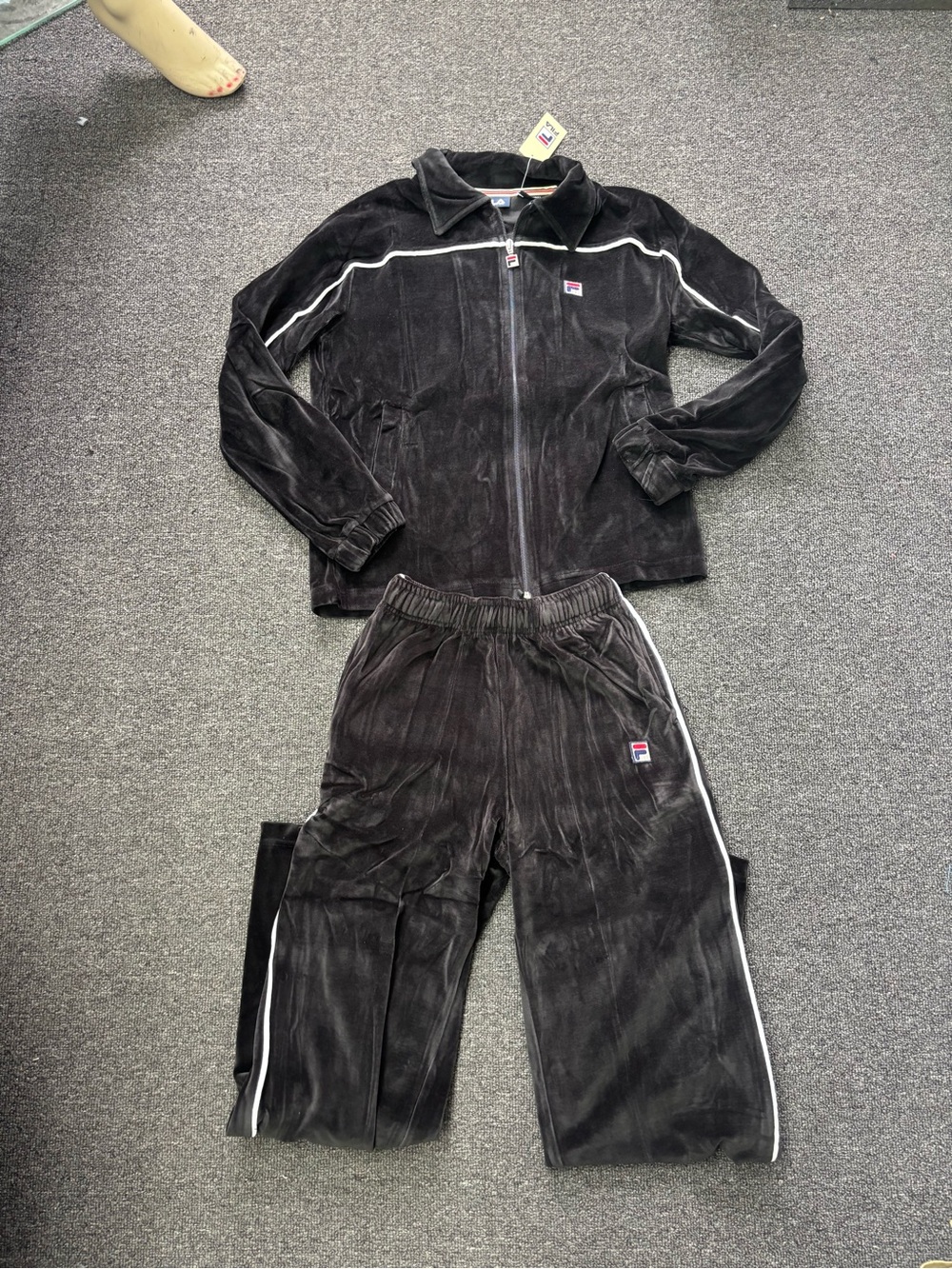 Fila Black Velour Track Jacket and Pants with White Piping size small